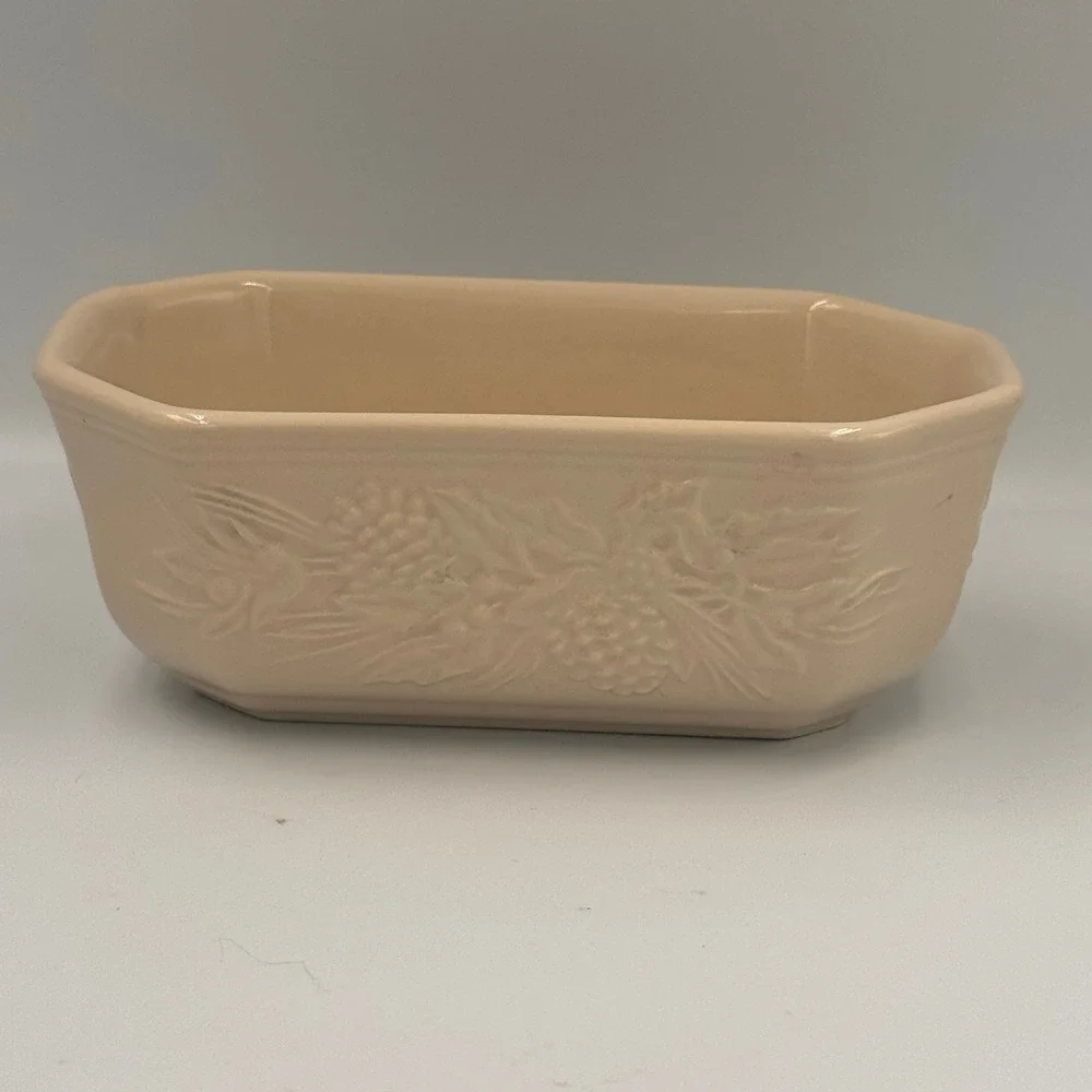 Longaberger Pottery Loaf Pan Ivory Cream Embossed Pinecone Holly Holiday Baking